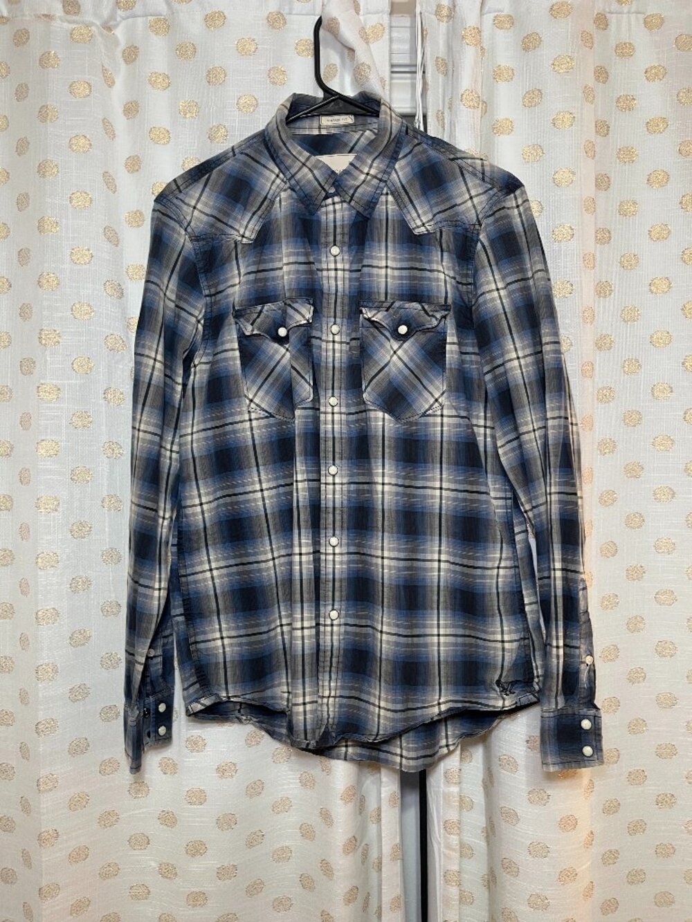 American Eagle Mens Medium Blue Shadow Plaid Pearl Snap Western Shirt Vintage Fi